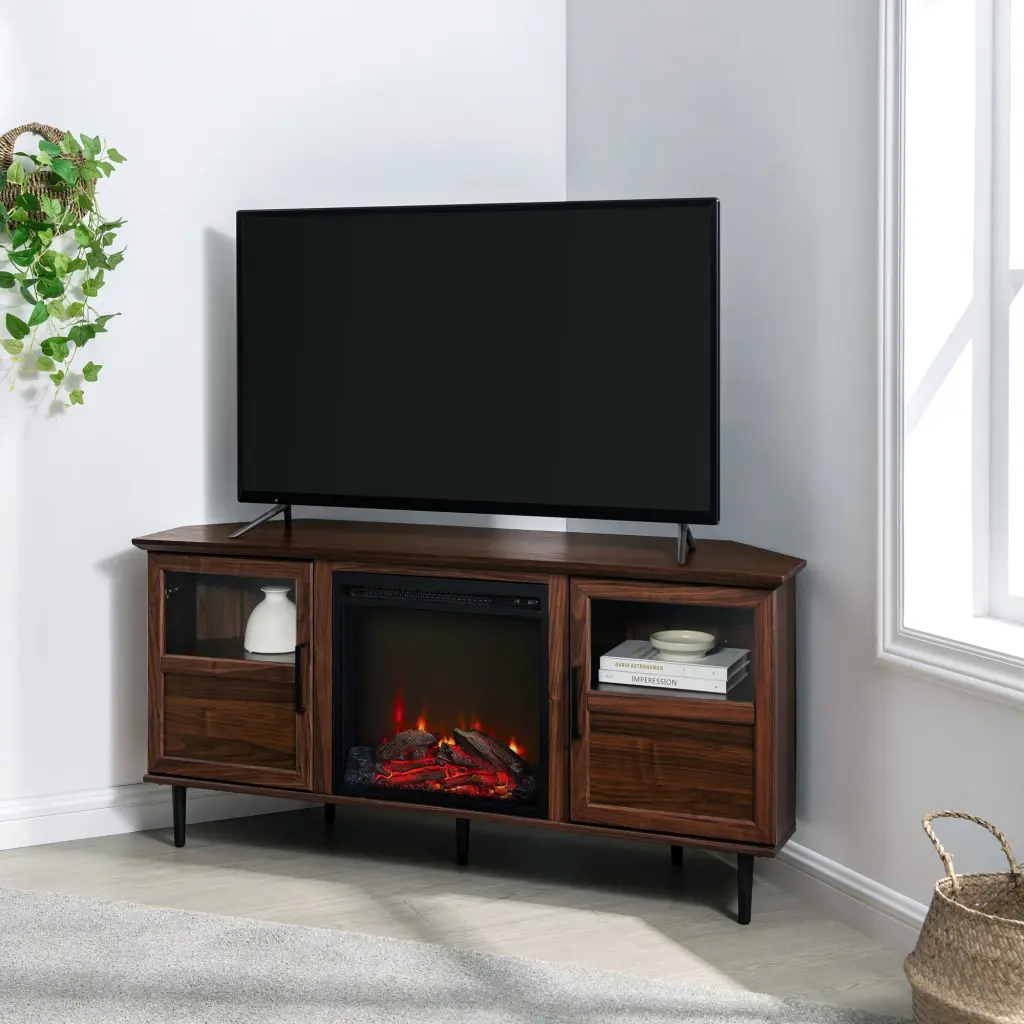 Modern Angled Side Fireplace Corner TV Stand TVs Up to 100 Inches Dark Finish walker edison
