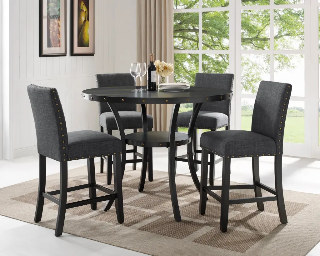 Biony Espresso Wood Counter Height Dining Set Grey Fabric Stools hz