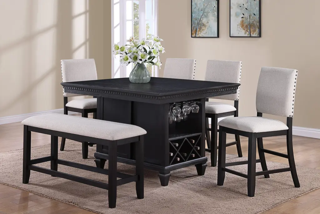 Traditional Vintage Style 6 Piece Counter Height Dining Set Charcoal Black Kitchen Furniture kanepe