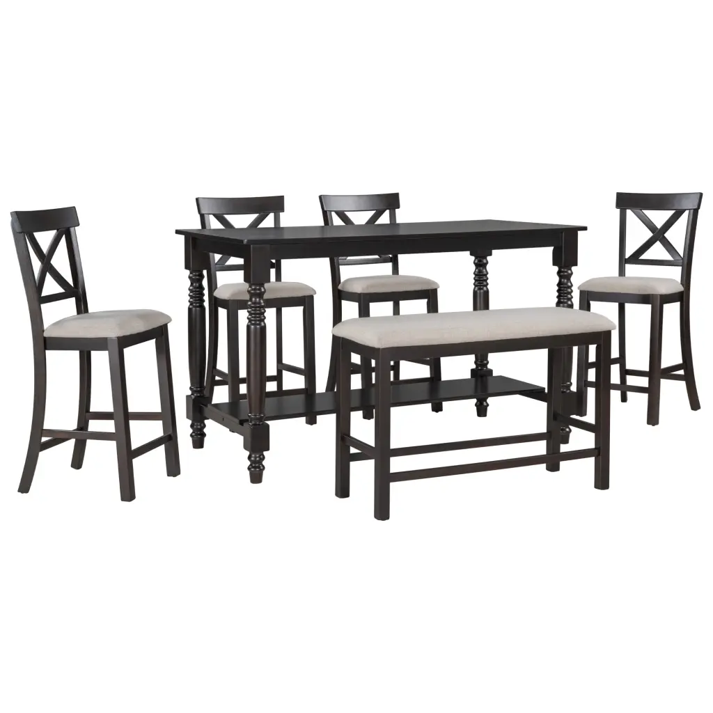 6 Piece Counter Height Dining Set Table Shelf And 4 Chairs trexm