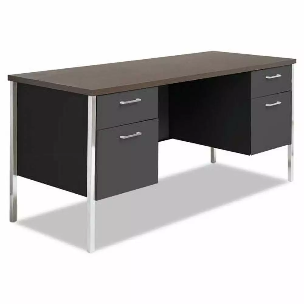 Alera Double Pedestal Steel Credenza Desk 60x24x29-1/2 Walnut Black Office Desk