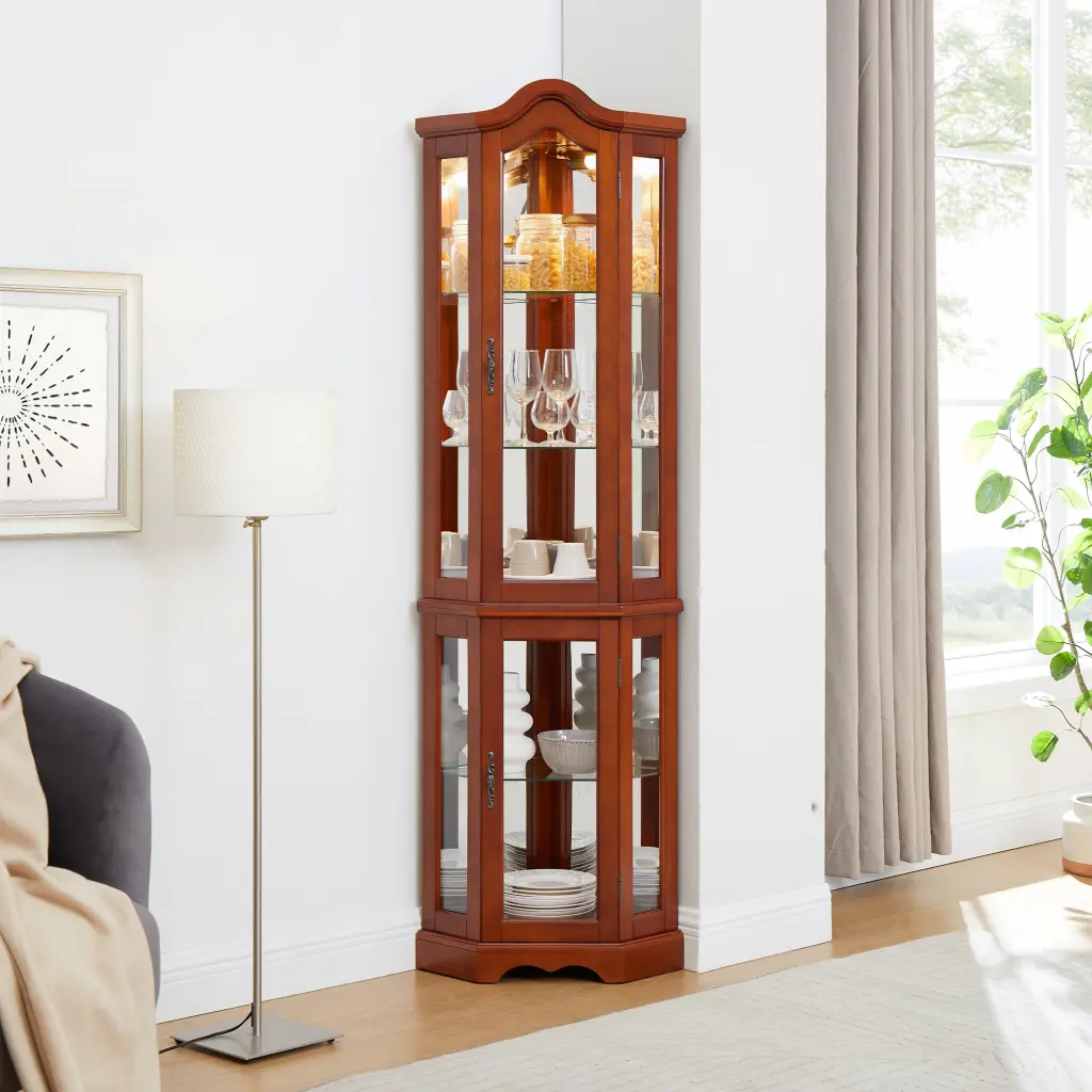 Corner Curio Cabinet Lights Adjustable Tempered Glass Shelves harmony