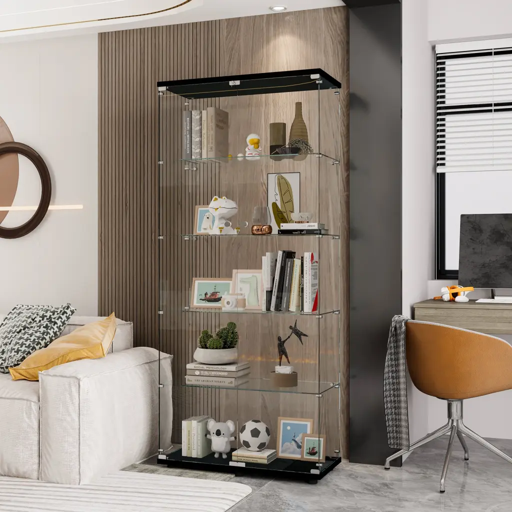 Glass Presentation Cabinet 5 Shelves Double Door Curio Cabinets Living Room love flying