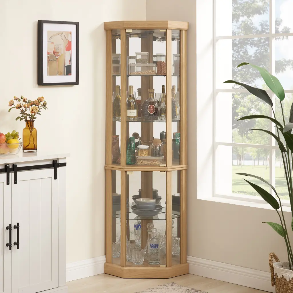 Corner Lighted Curio Cabinet Glass Shelves Display rnb