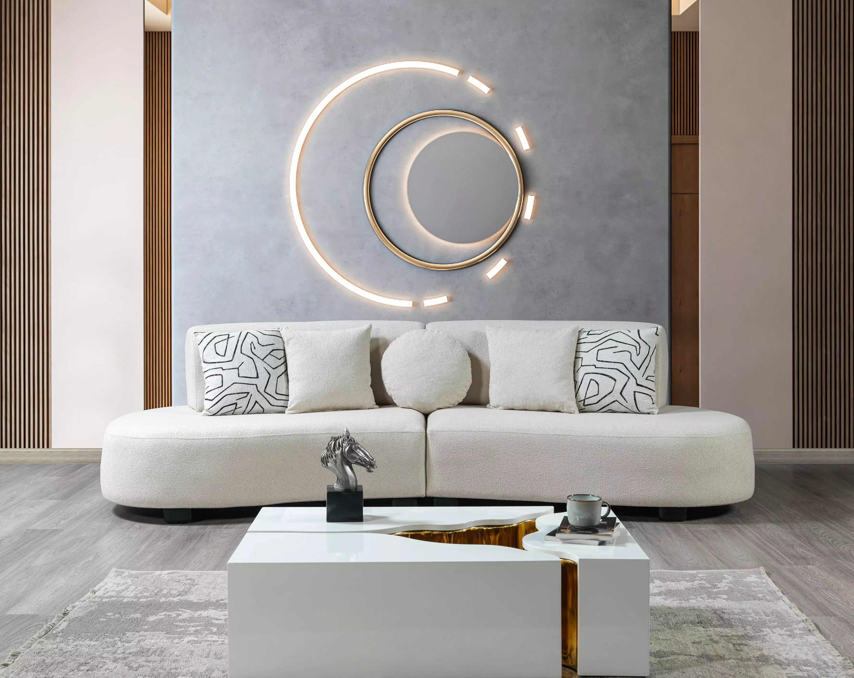 Olivia Ivory Boucle 2 Piece Curved Sectional Sofa Modern Living Room Lounge Furniture Luna Furniture Dallas
