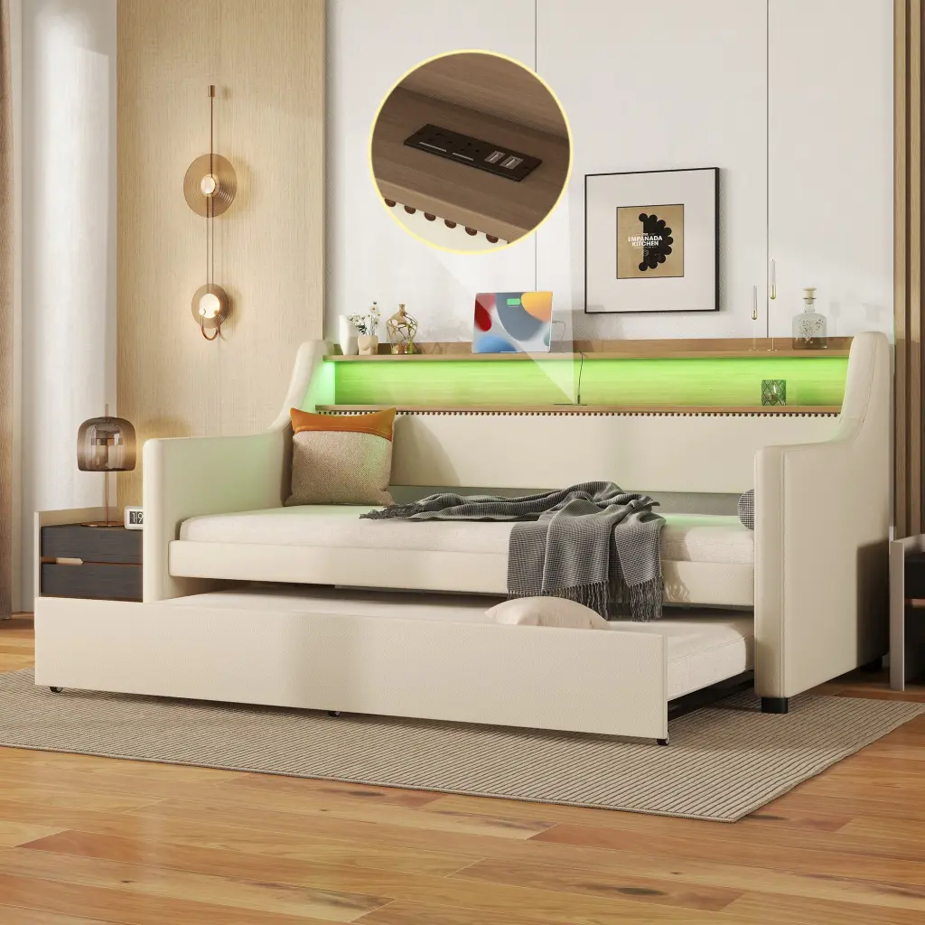 Twin Size Upholstered Daybed Trundle and Charging Station bonwell