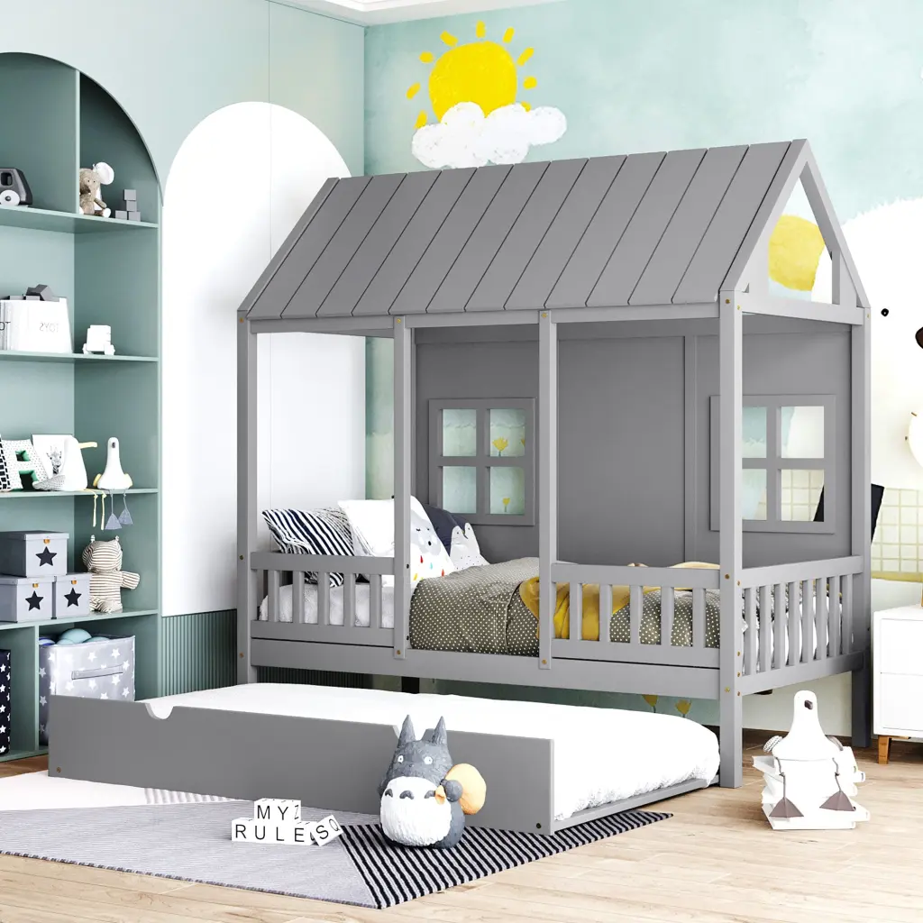 Twin Size Wood Daybed Trundle Gray Finish lucky furniture