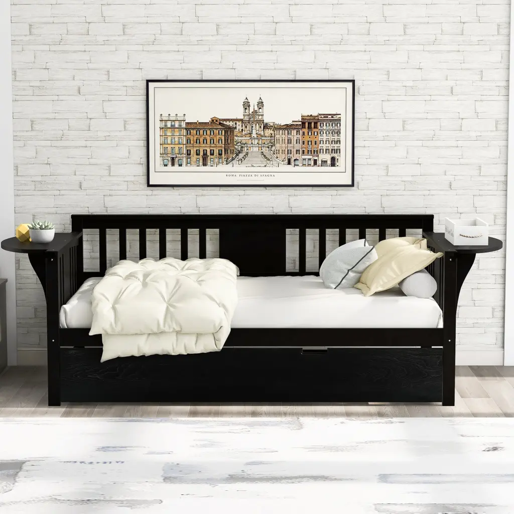 Twin Wooden Daybed Trundle Bed Sofa Bed Bedroom Living Room Guest Space lucky furniture