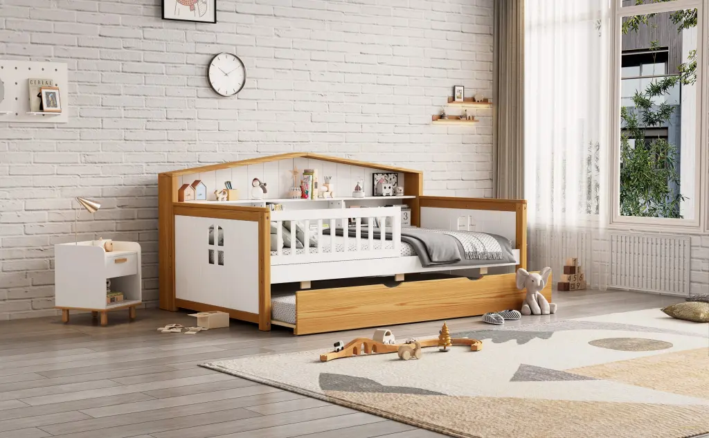 Twin Size Houtilize Influence Daybed Trundle and Bookcase Headboard Wood Finish bed best