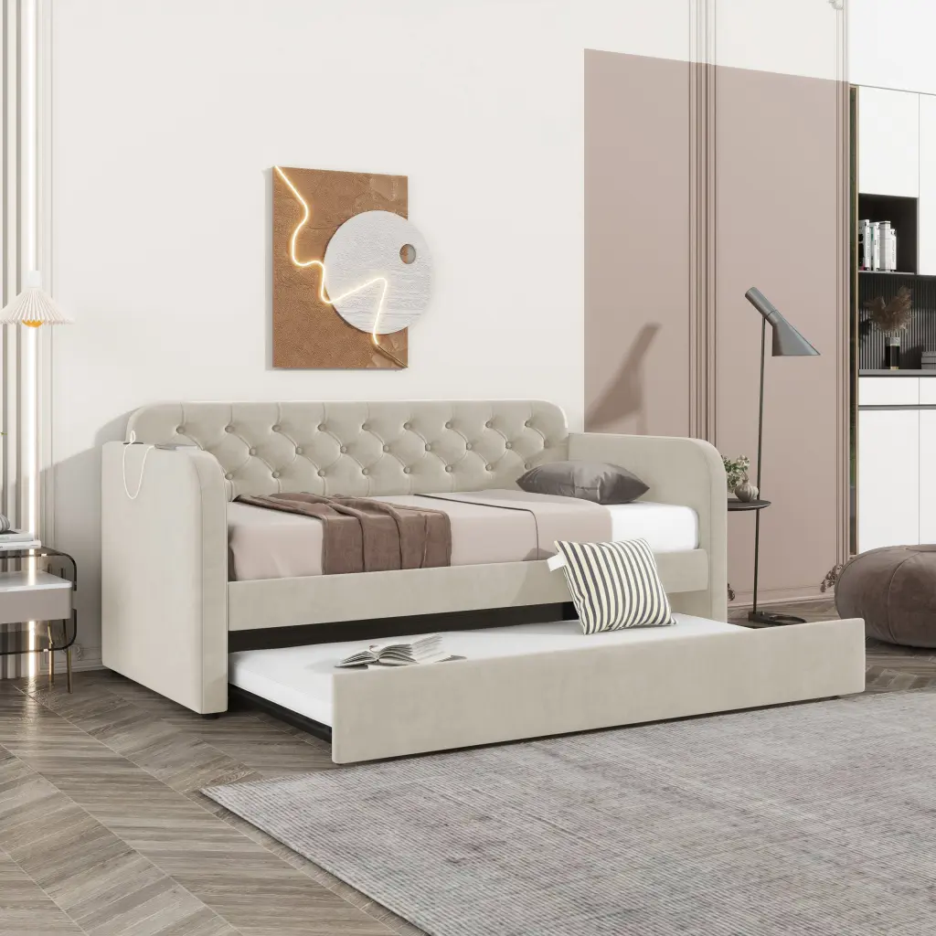 Twin Size Upholstered Daybed Trundle And USB Charging Velvet Design bedepot