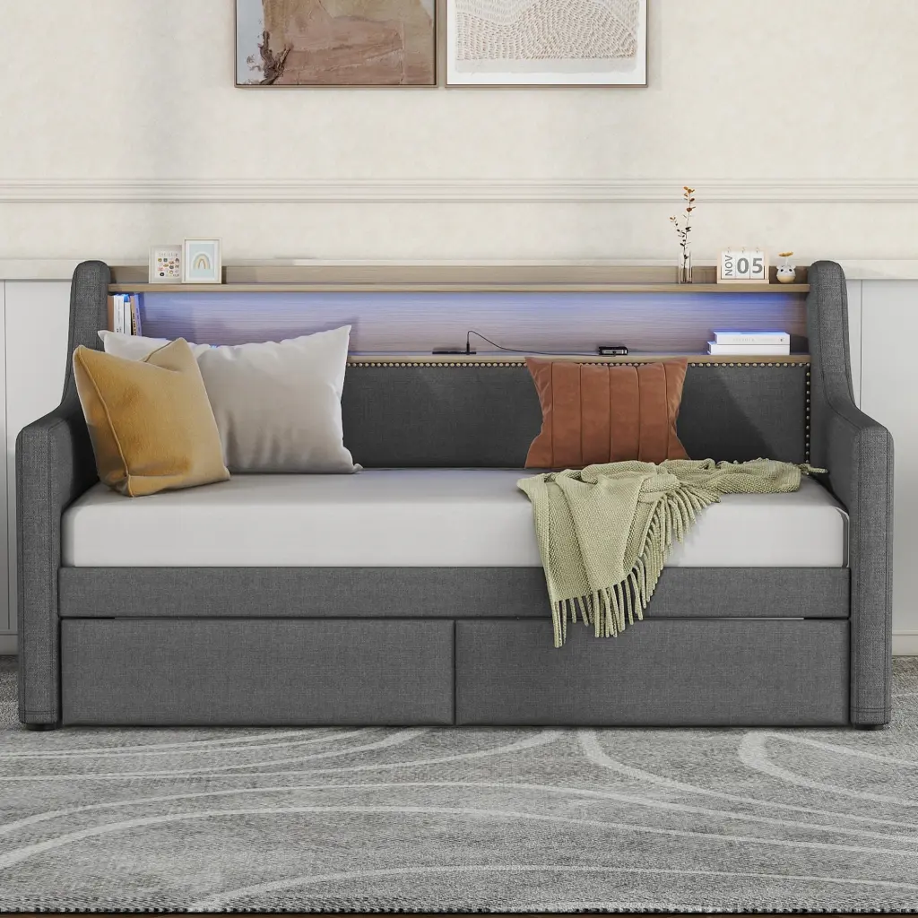 Twin Size Daybed Storage Drawers, Upholstered Daybed Charging Station bonwell