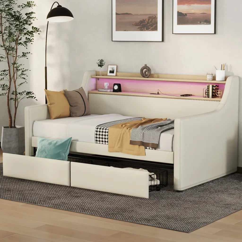 Twin Size Upholstered Daybed Storage Drawers and Charging Station bonwell
