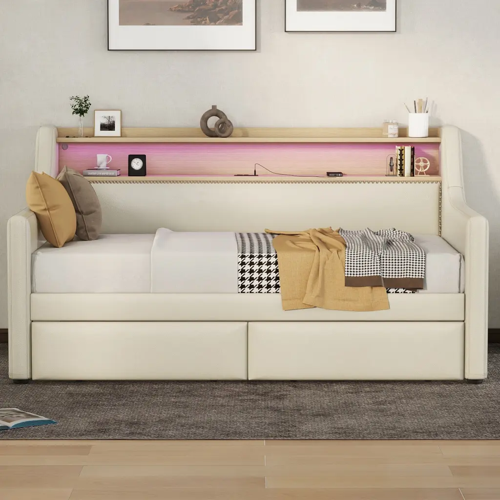 Twin Size Upholstered Daybed Storage Drawers and USB Charging bonwell