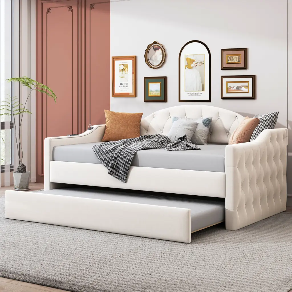 Twin Size Tufted Upholstered Daybed Trundle Velvet Sofabed homey life