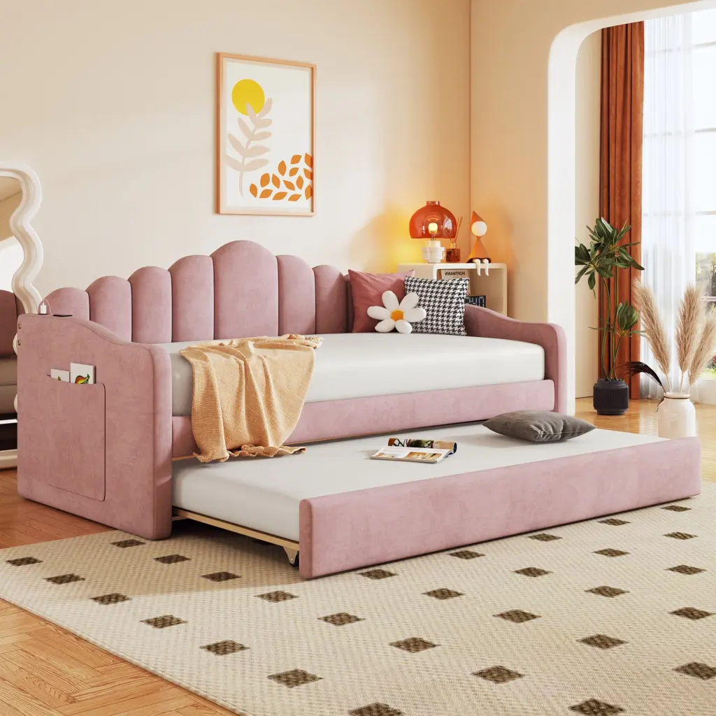 Twin Size Upholstered Daybed Trundle Velvet Sofabed USB Charging homey life