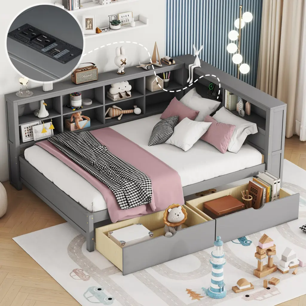 Wooden Full Size Daybed 2 Drawers Daybed Storage Shelf And Trundle homey life