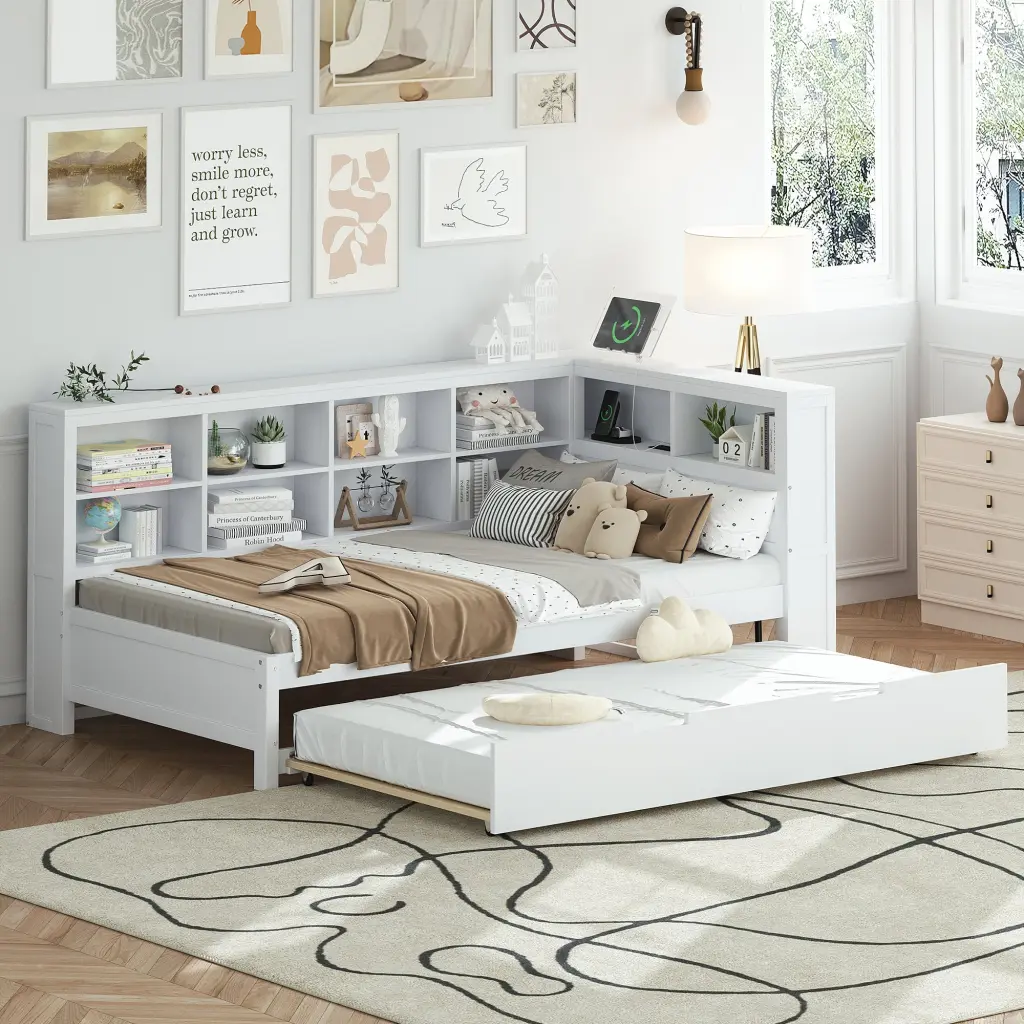 Wooden Twin Size Daybed Twin Trundle and Storage Shelf homey life