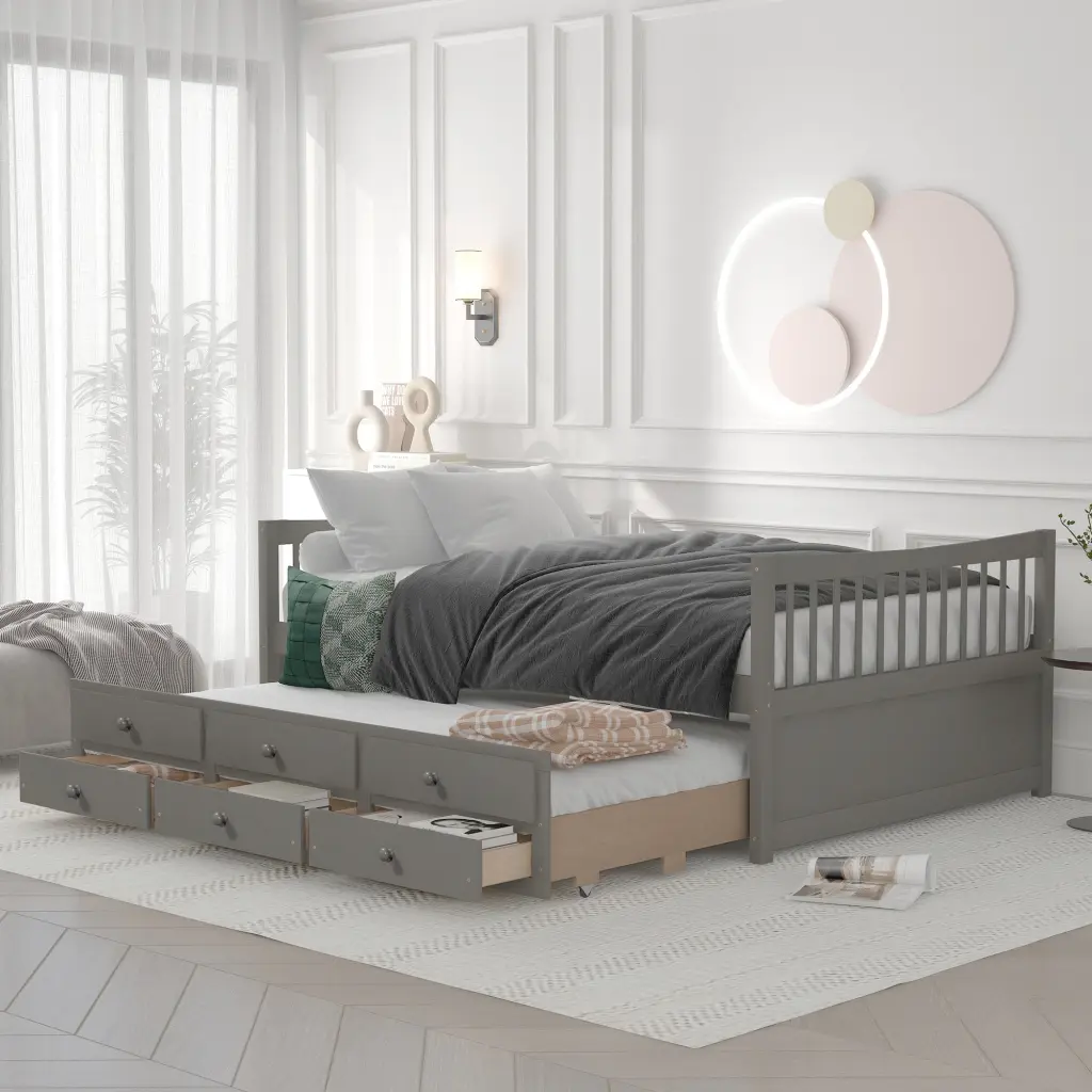 Full Size Daybed Twin Size Trundle and Drawers Gray Upholstered lucky furniture