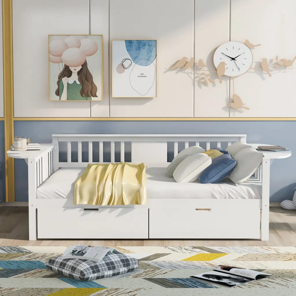 Full Size Daybed Two Drawers Wood Slat Support White Solid Wood lucky furniture