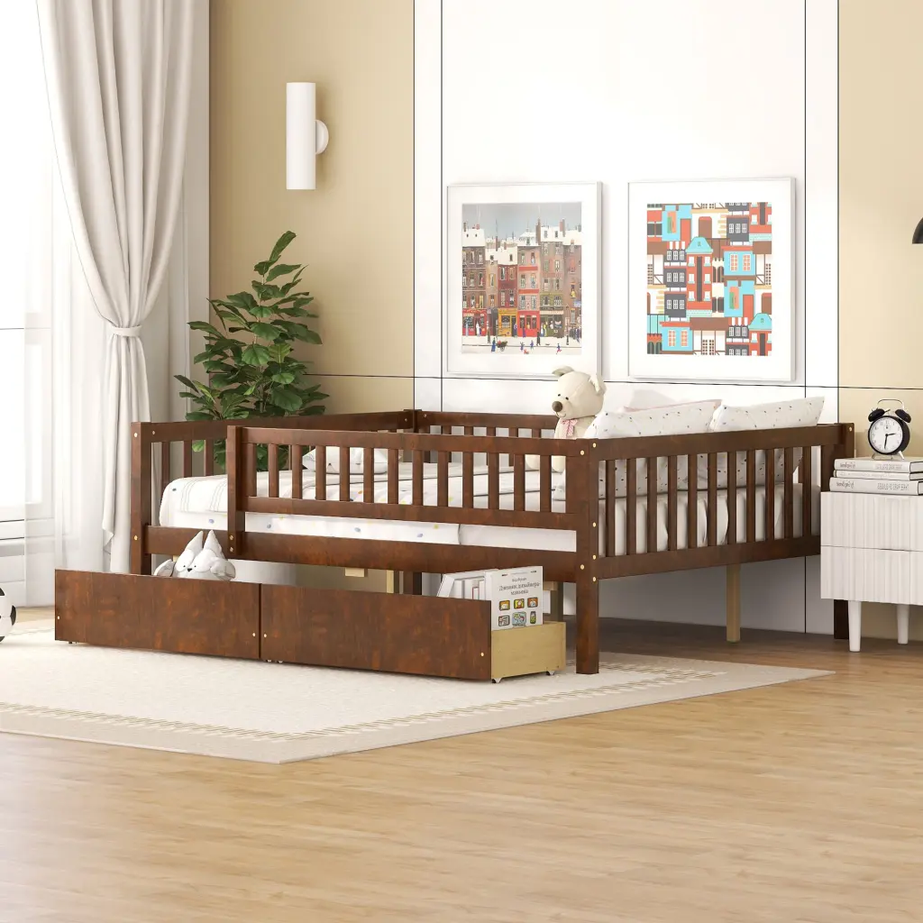 Full Size Daybed Wood Bed Two Drawers, Walnut Solid Wood lucky furniture