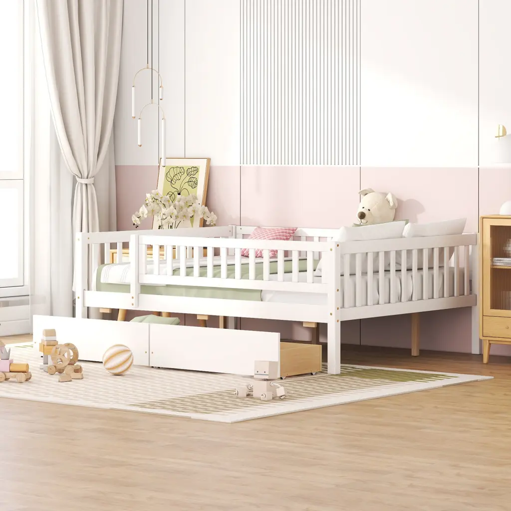 Full Size Daybed Wood Bed Two Drawers White Solid Wood Modern Furniture lucky furniture