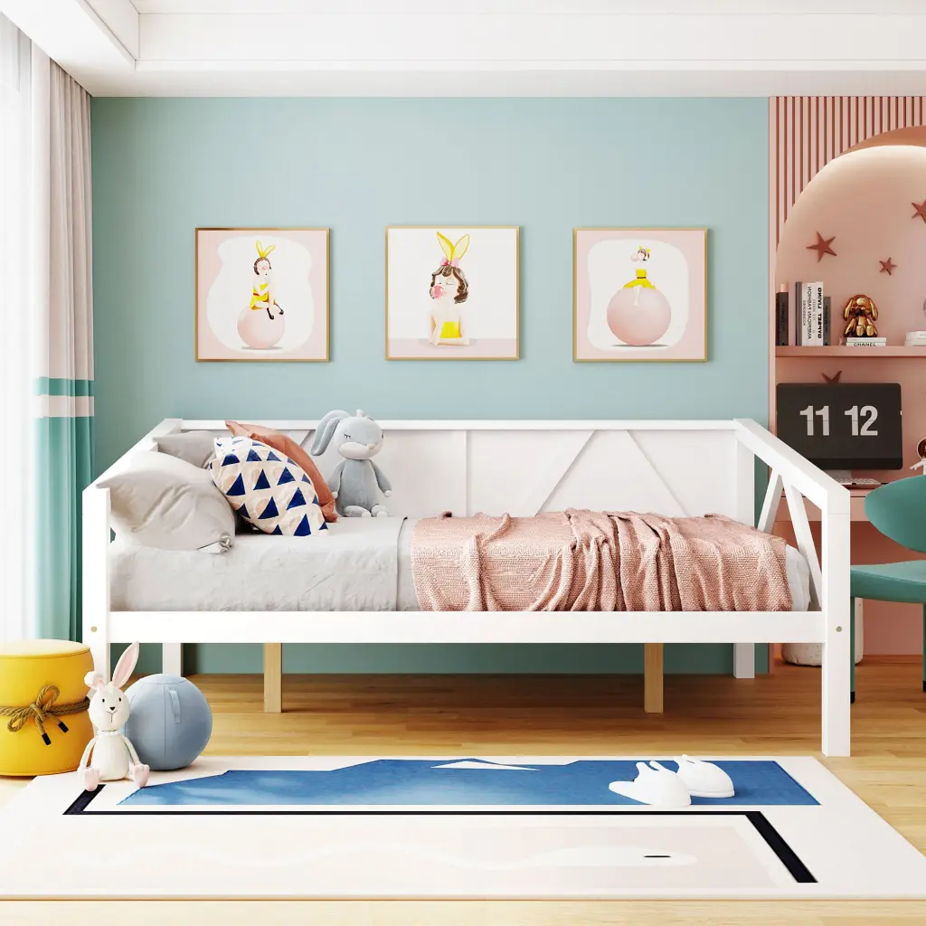 Full Size Daybed Wood Slat Support White Solid Wood Trundle Bed lucky furniture