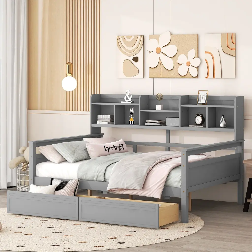 Full Size Daybed Wood Slat Support Bedside Shelf and Two Drawers Guest Bed lucky furniture