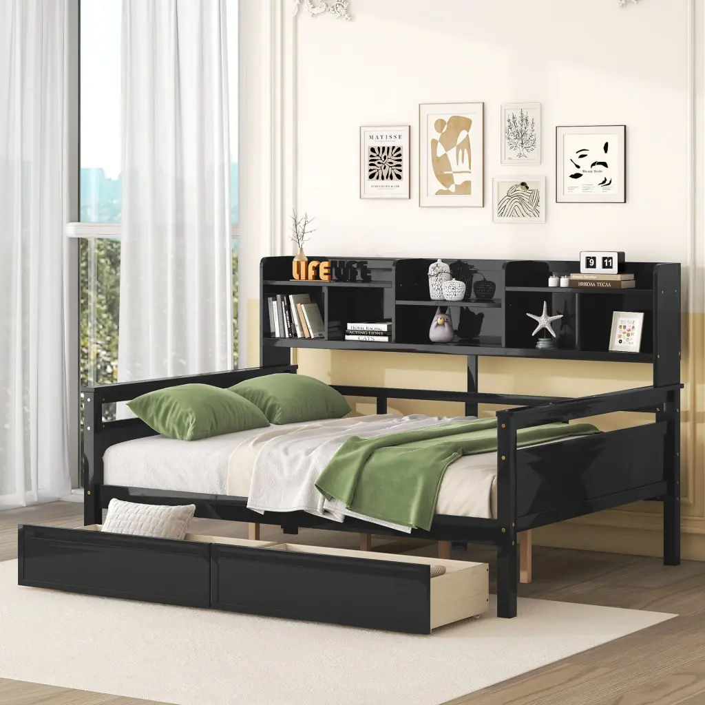 Full Size Daybed Wood Slat Support, Bedside Shelf and Two Drawers lucky furniture