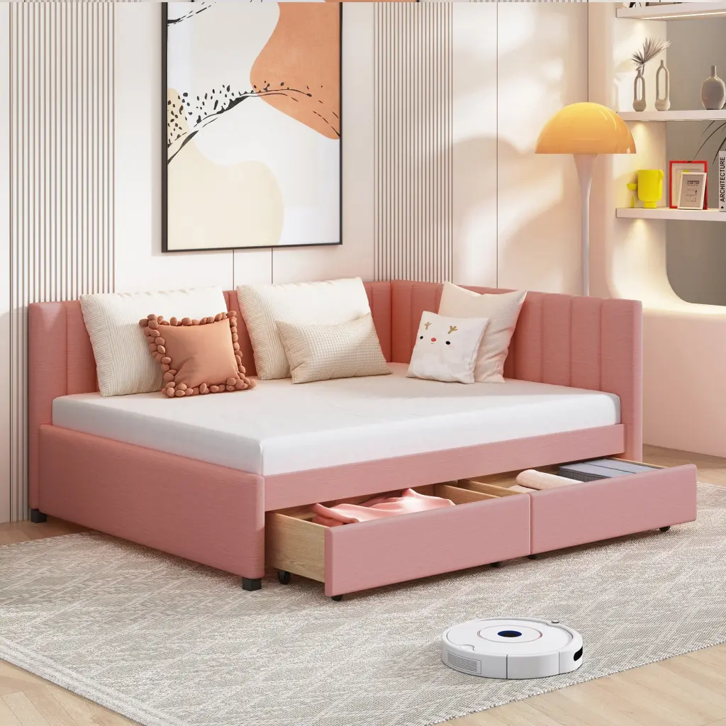 Full Size Upholstered Daybed 2 Storage Drawers Sofa Bed Frame lucky furniture
