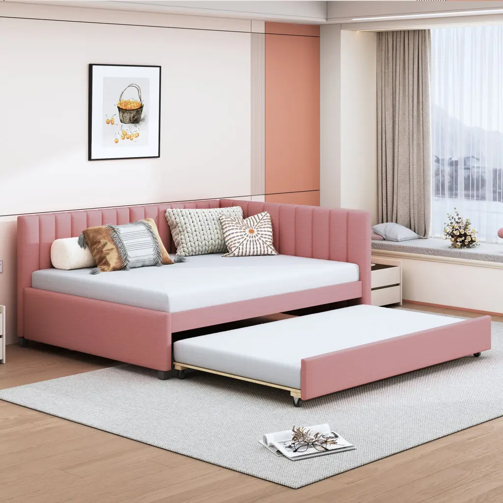 Full Size Upholstered Daybed Trundle Sofa Bed Frame No Box Spring Needed lucky furniture