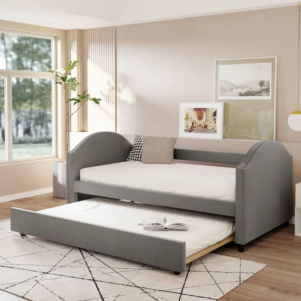 Full Size Upholstered Daybed Twin Size Trundle Wood Slat lucky furniture