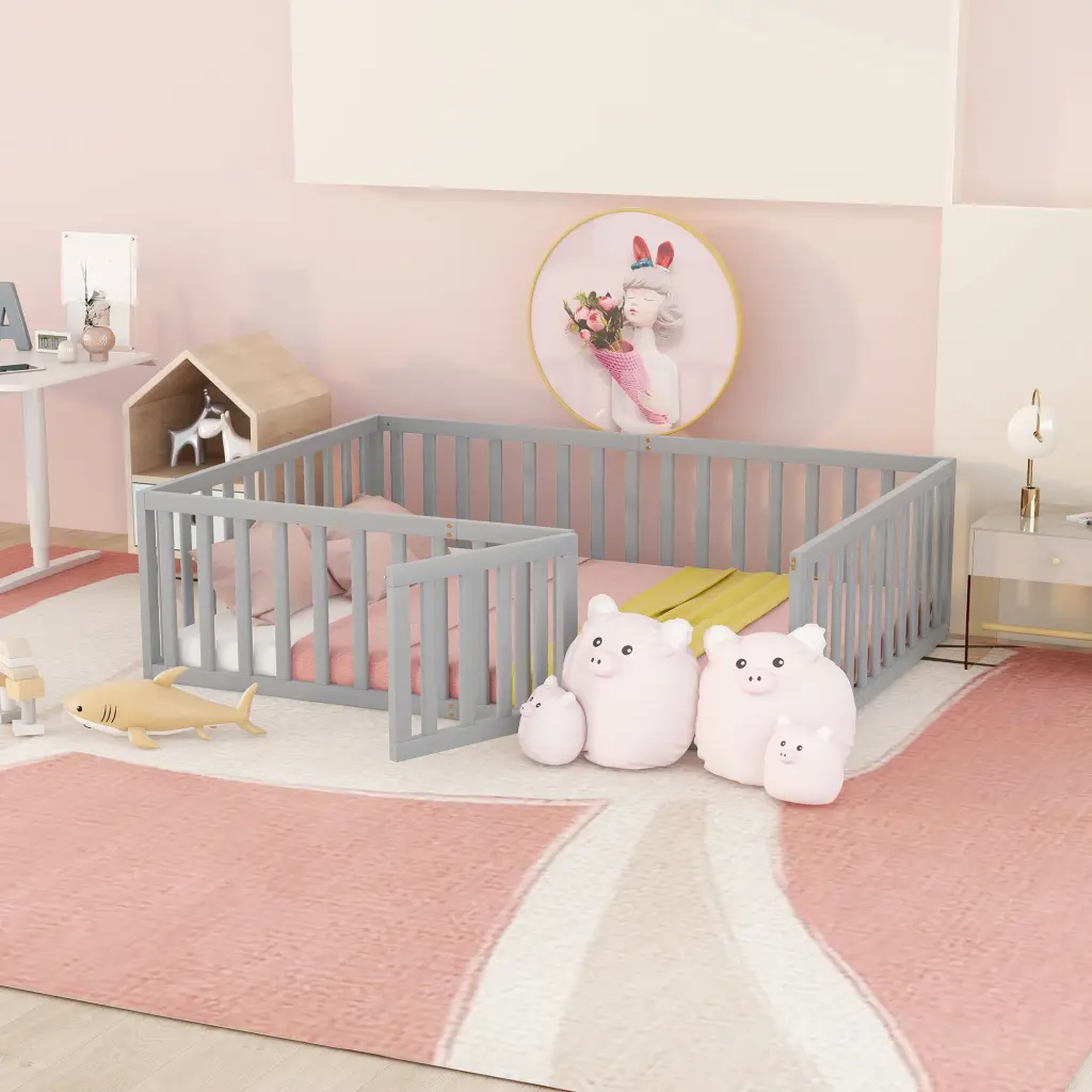 Full Size Wood Daybed Frame Fence Gray lucky furniture