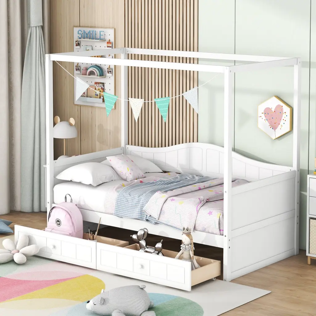 Twin Size Canopy Day Bed 2 Drawers White Solid Wood MDF lucky furniture