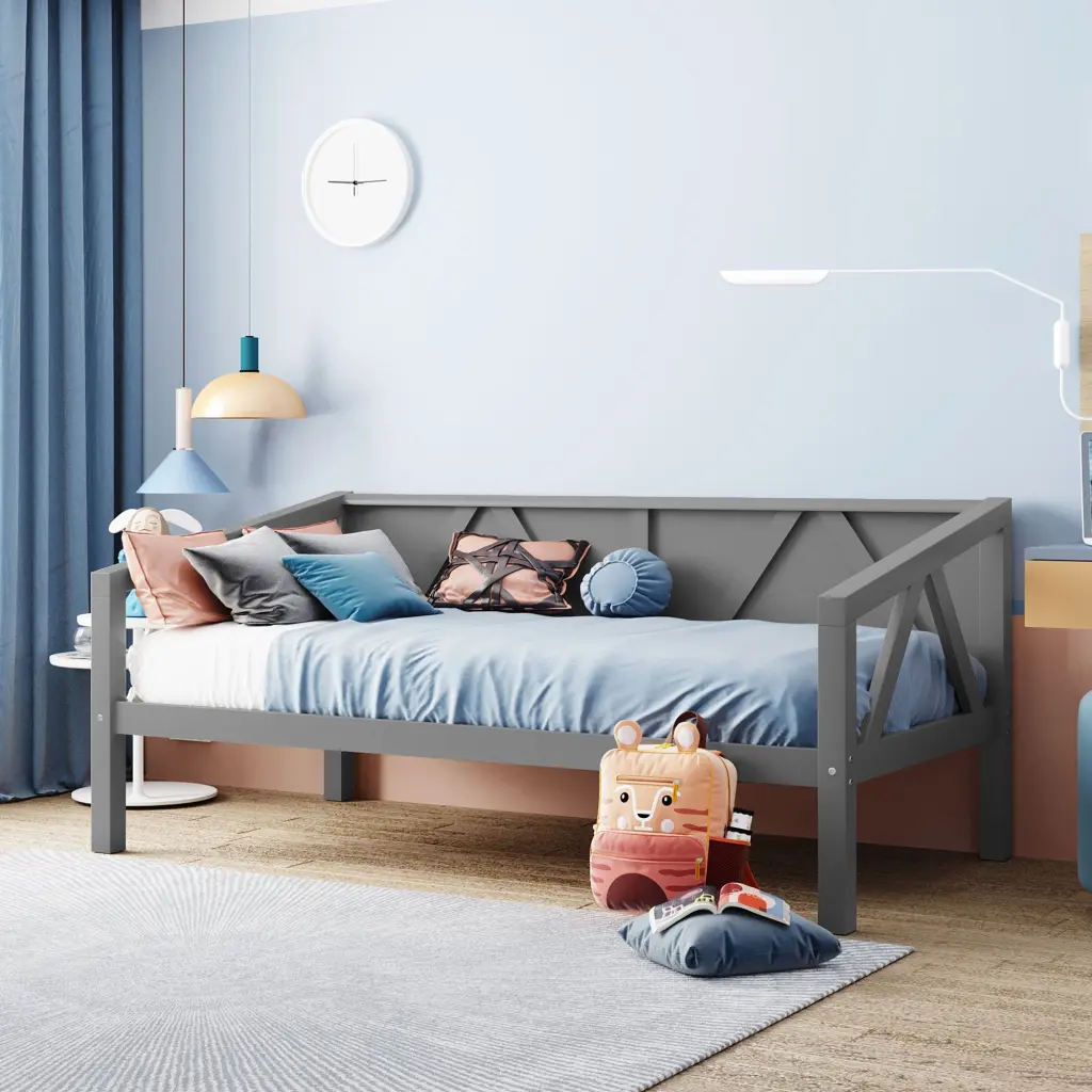 Twin Size Daybed Wood Slat Substantiate Gray Solid Wood Sofa Bed lucky furniture