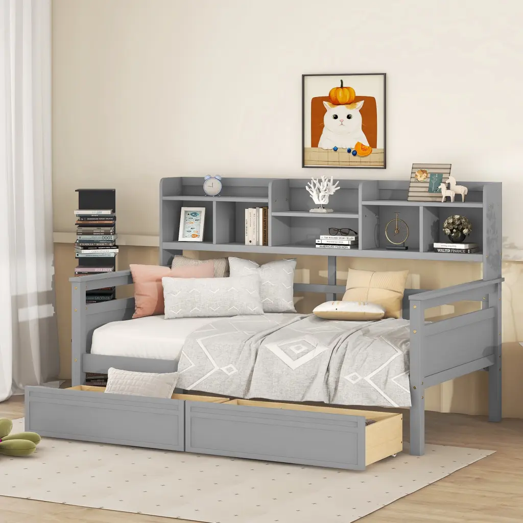 Twin Size Daybed, Wood Slat Support, Bedside Shelves And Two Drawers lucky furniture