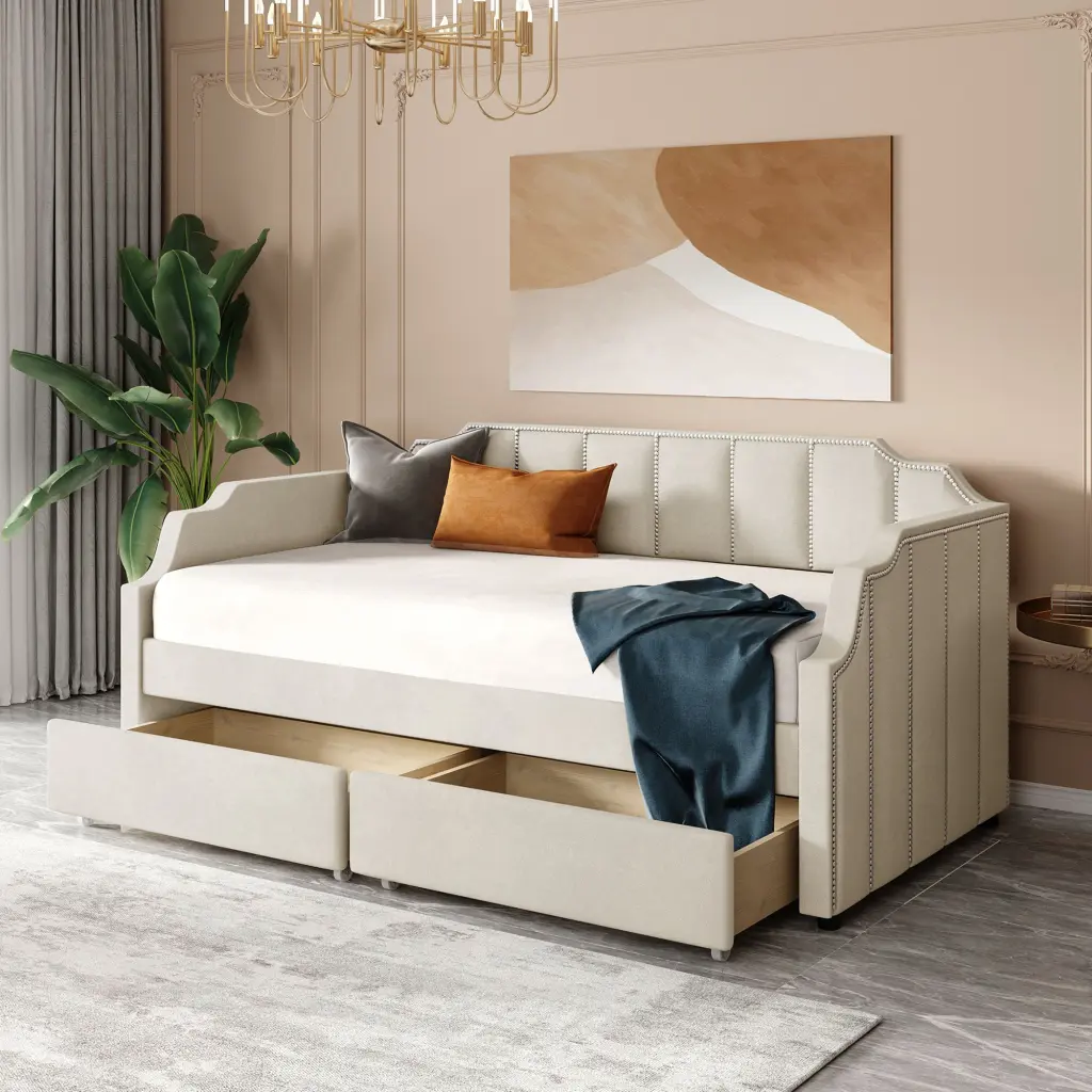 Twin Size Upholstered Daybed Drawers Wood Slat Support Beige lucky furniture