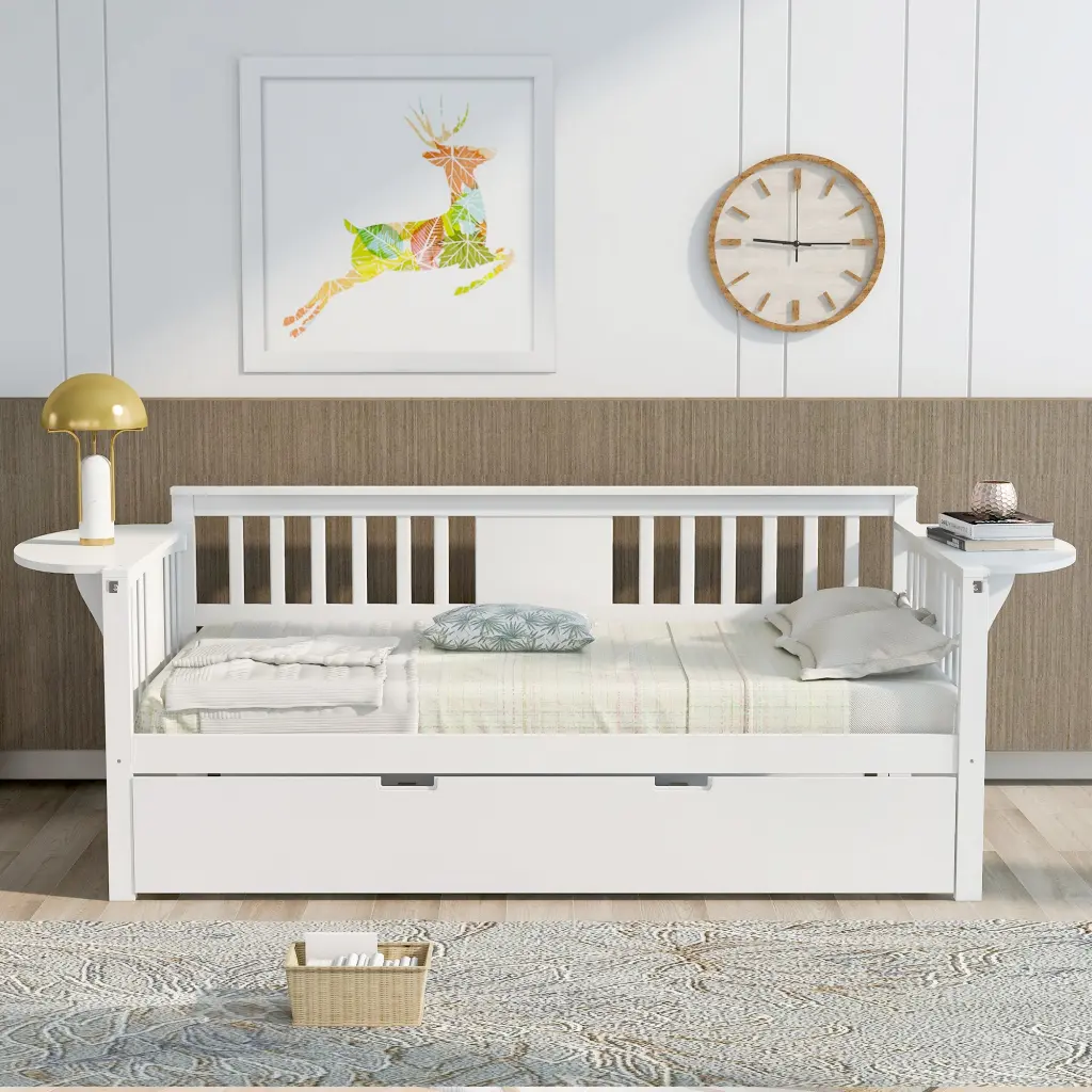 Twin Wooden Daybed Trundle Bed Sofa Bed Bedroom Living Room lucky furniture