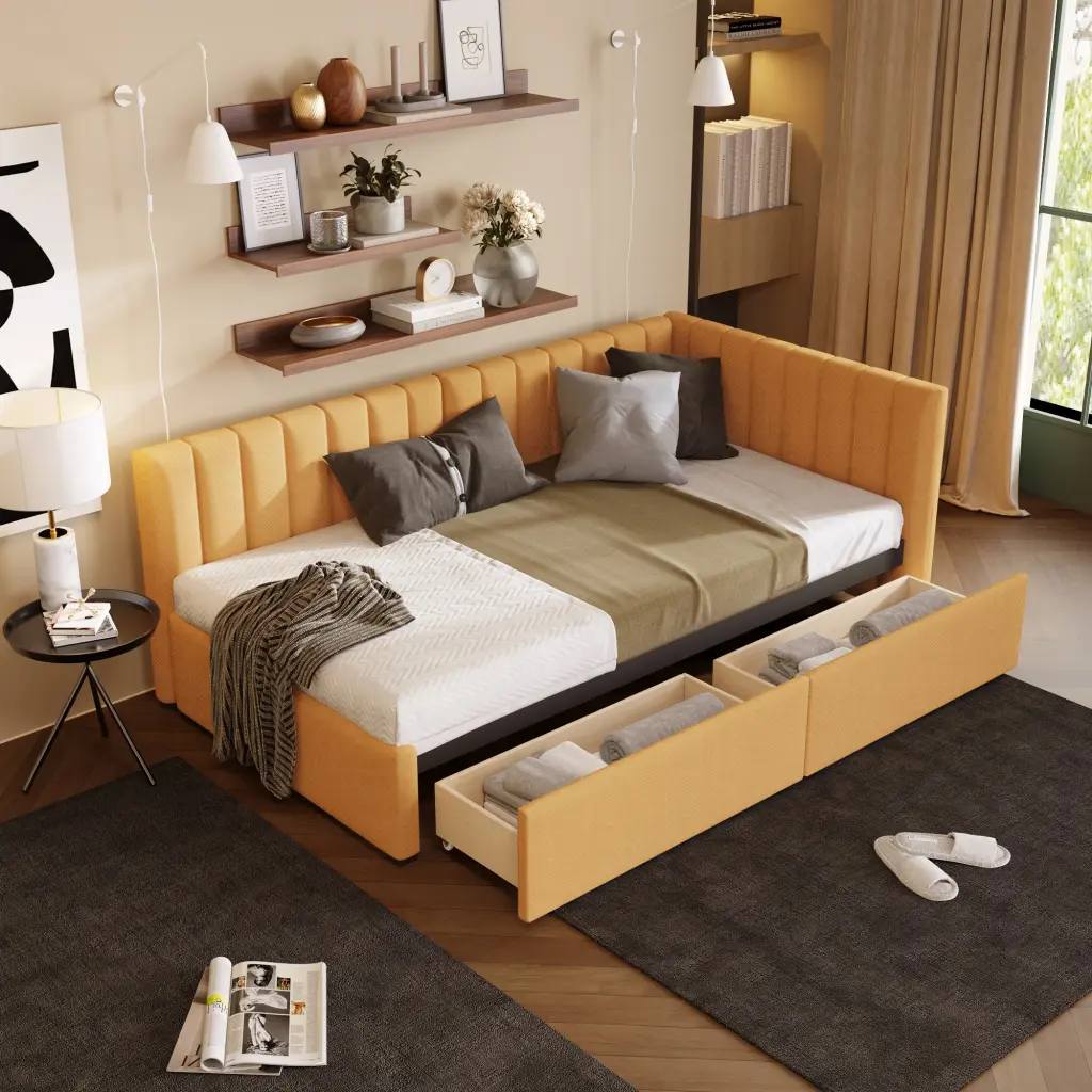 Upholstered Daybed 2 Storage Drawers Twin Size Sofa Bed Frame lucky furniture