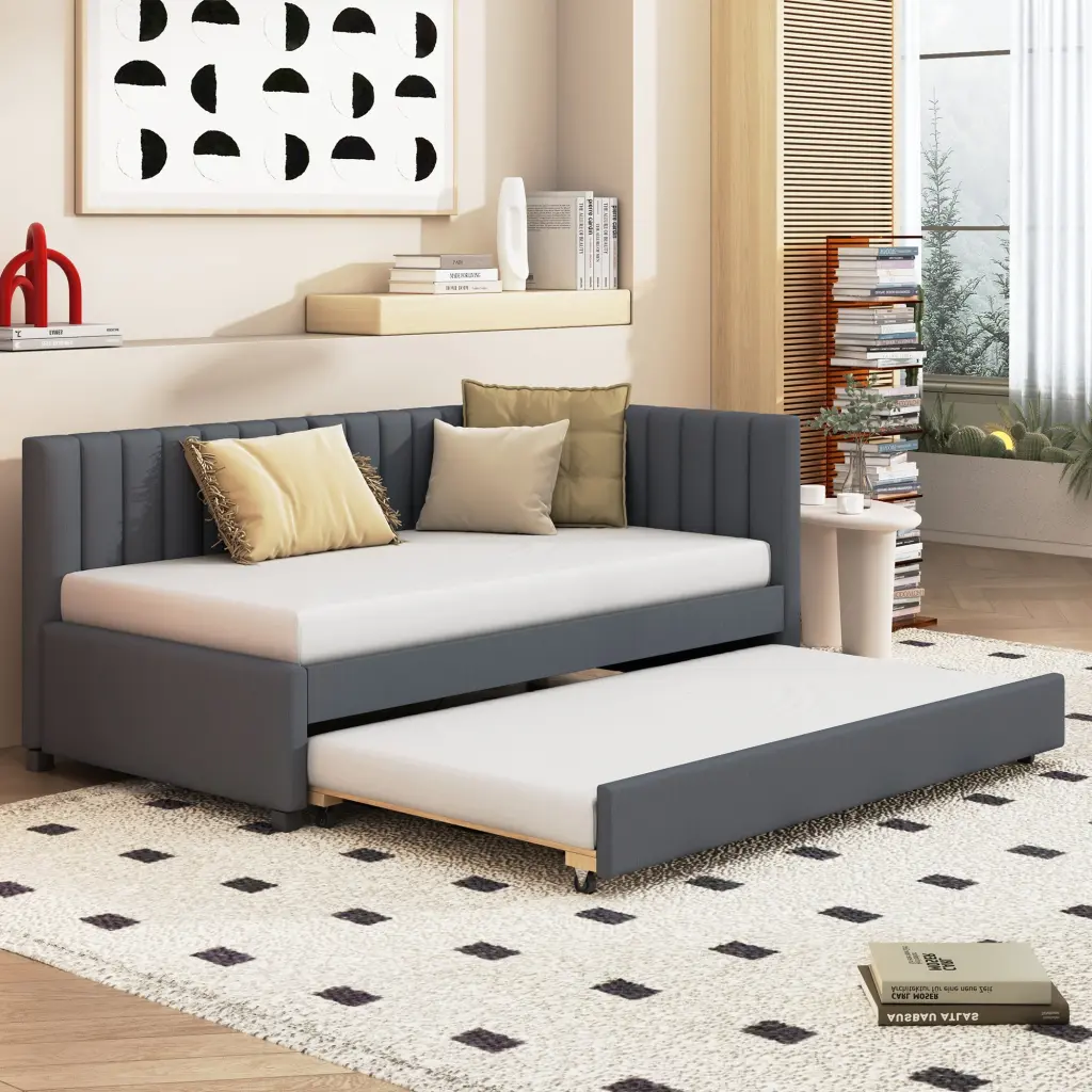 Upholstered Daybed Trundle Twin Size Sofa Bed Frame No Box Spring lucky furniture