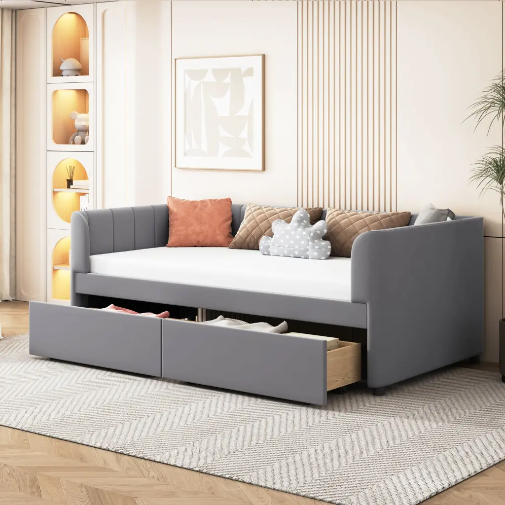 Twin Size Upholstered Daybed Ergonomic Backrest and 2 Drawers lucky world