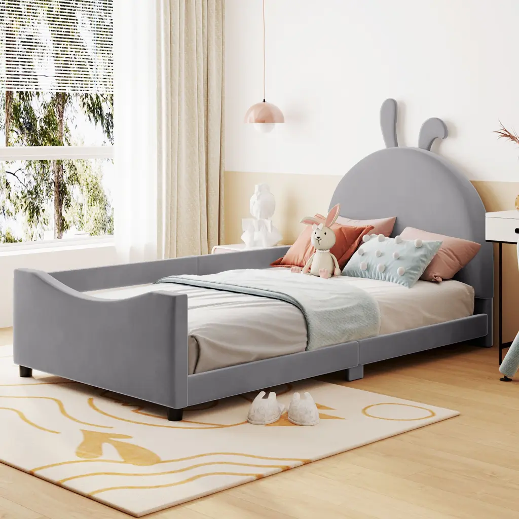 Twin Size Upholstered Daybed Rabbit Ear Headboard Gray lucky world