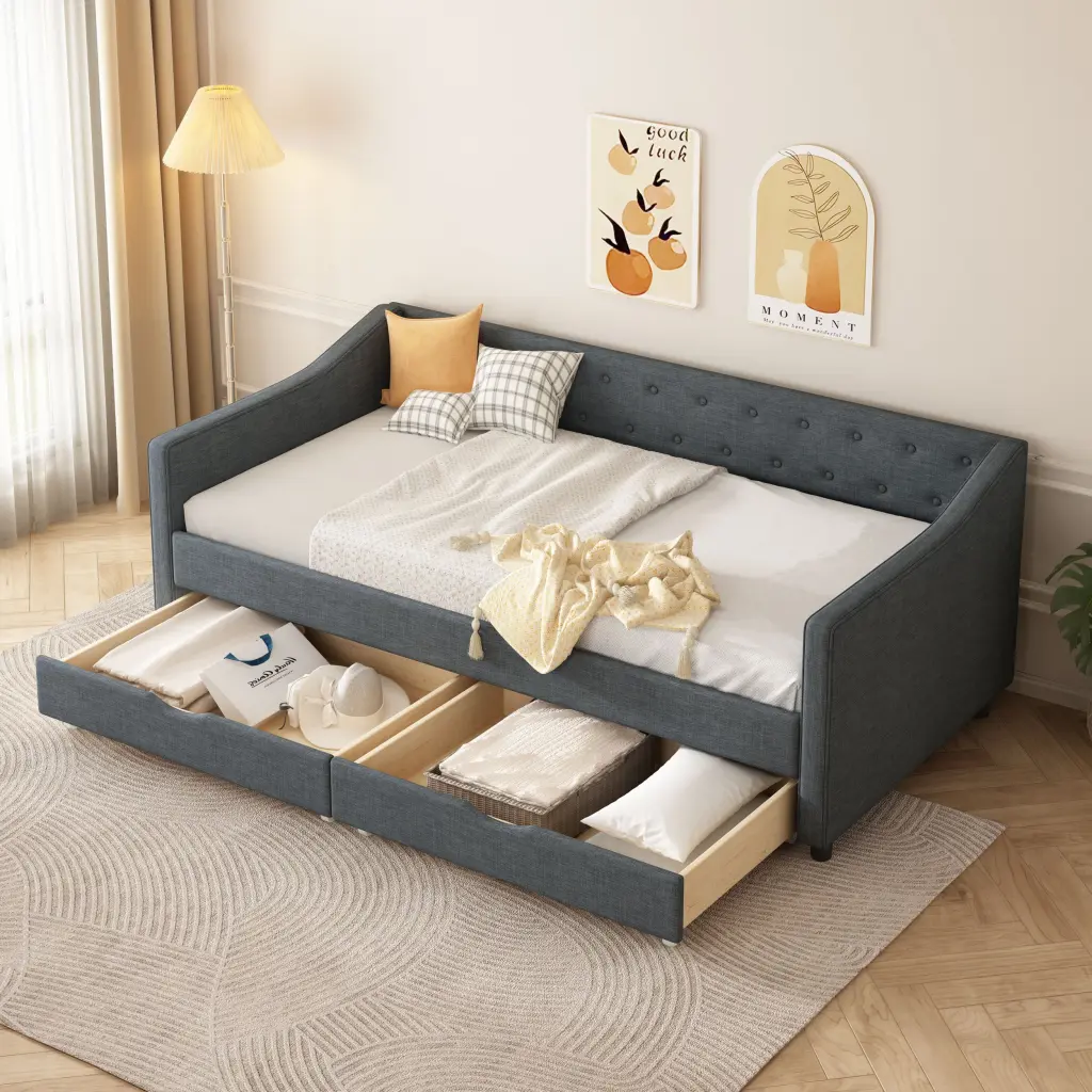 Twin Size Daybed Drawers Upholstered Tufted Sofa Bed Button Details rnb