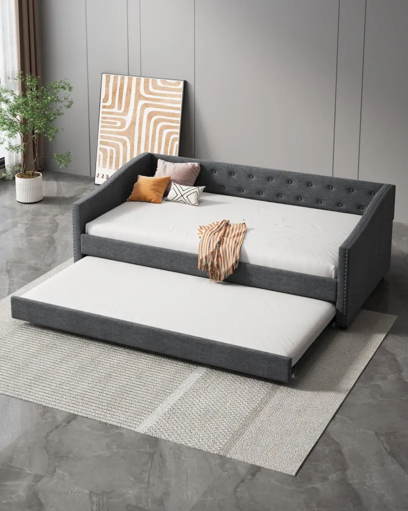 Twin Size Daybed Trundle Upholstered Tufted Sofa Bed Small Spaces rnb