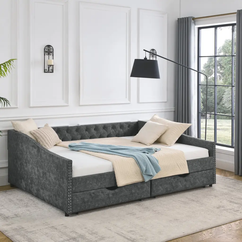 Queen Size Daybed Drawers Upholstered Tufted Sofa Bed Button royal star