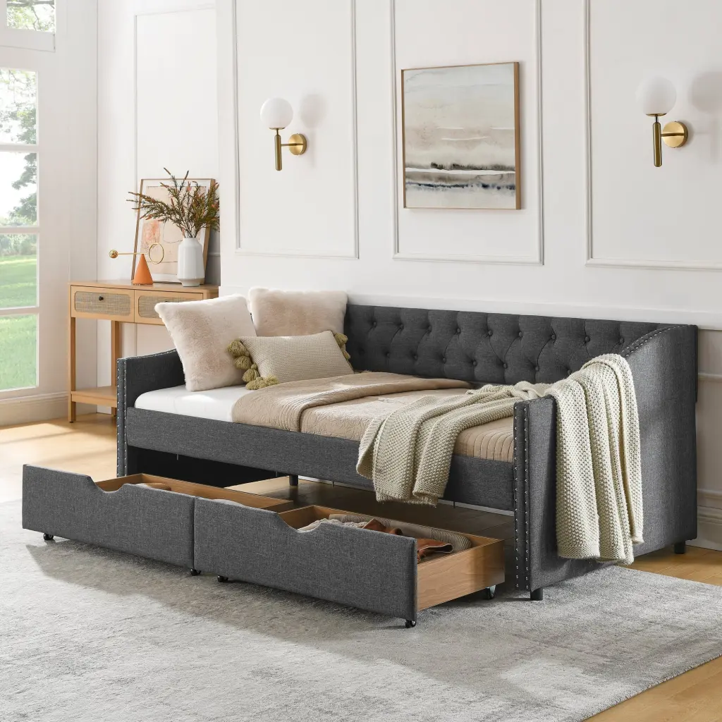 Twin Size Daybed Drawers Upholstered Tufted Sofa Bed Button royal star