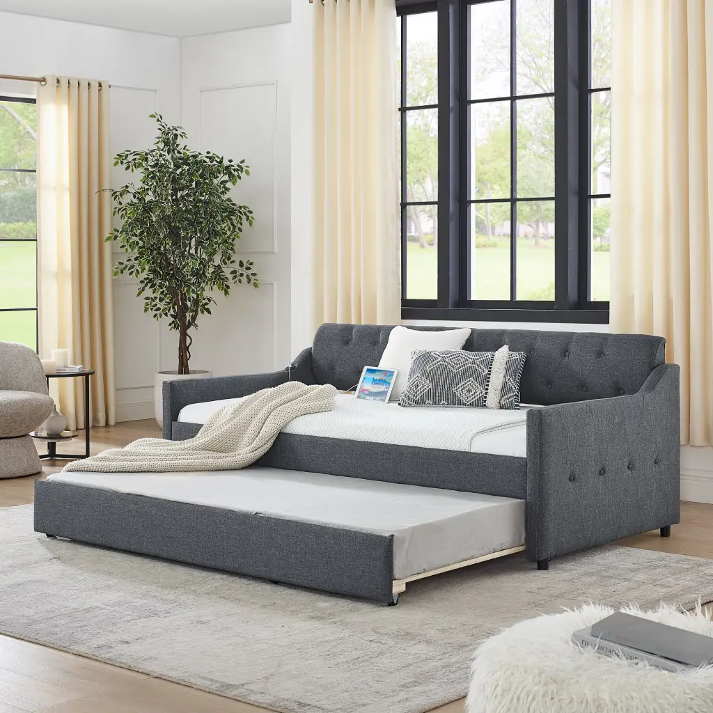 Twin Size Upholstery Daybed Trundle and USB Charging Port royal star