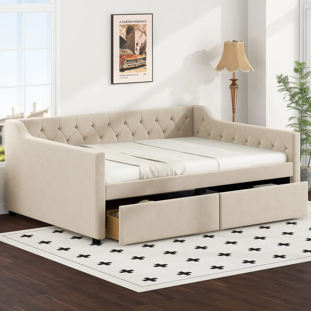 Full Size Upholstered Tufted Daybed 2 Drawers Beige Box Spring wm dreamland