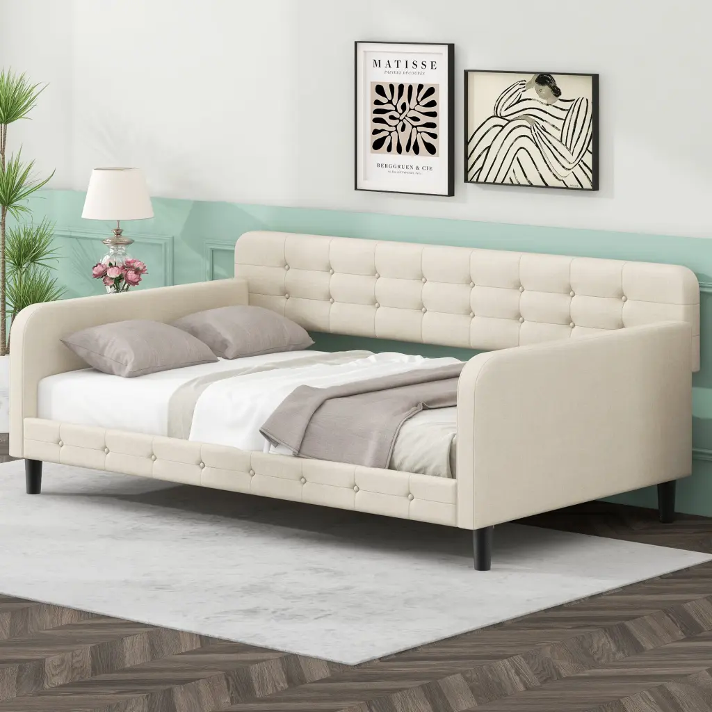 Twin Size Upholstered Tufted Daybed 4 Substantial Legs Beige wm dreamland