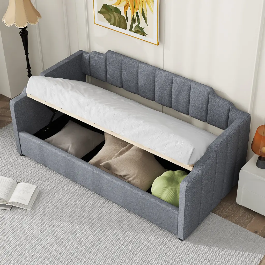 Upholstered Daybed Underneath Storage Twin Size Gray wm dreamland