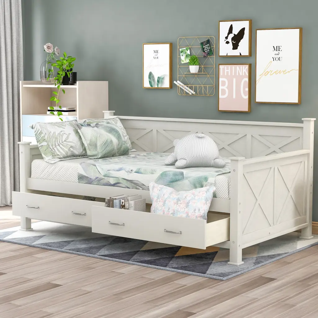 Cream White Twin Size Wooden Modern Rustic Casual Style Daybed wm store